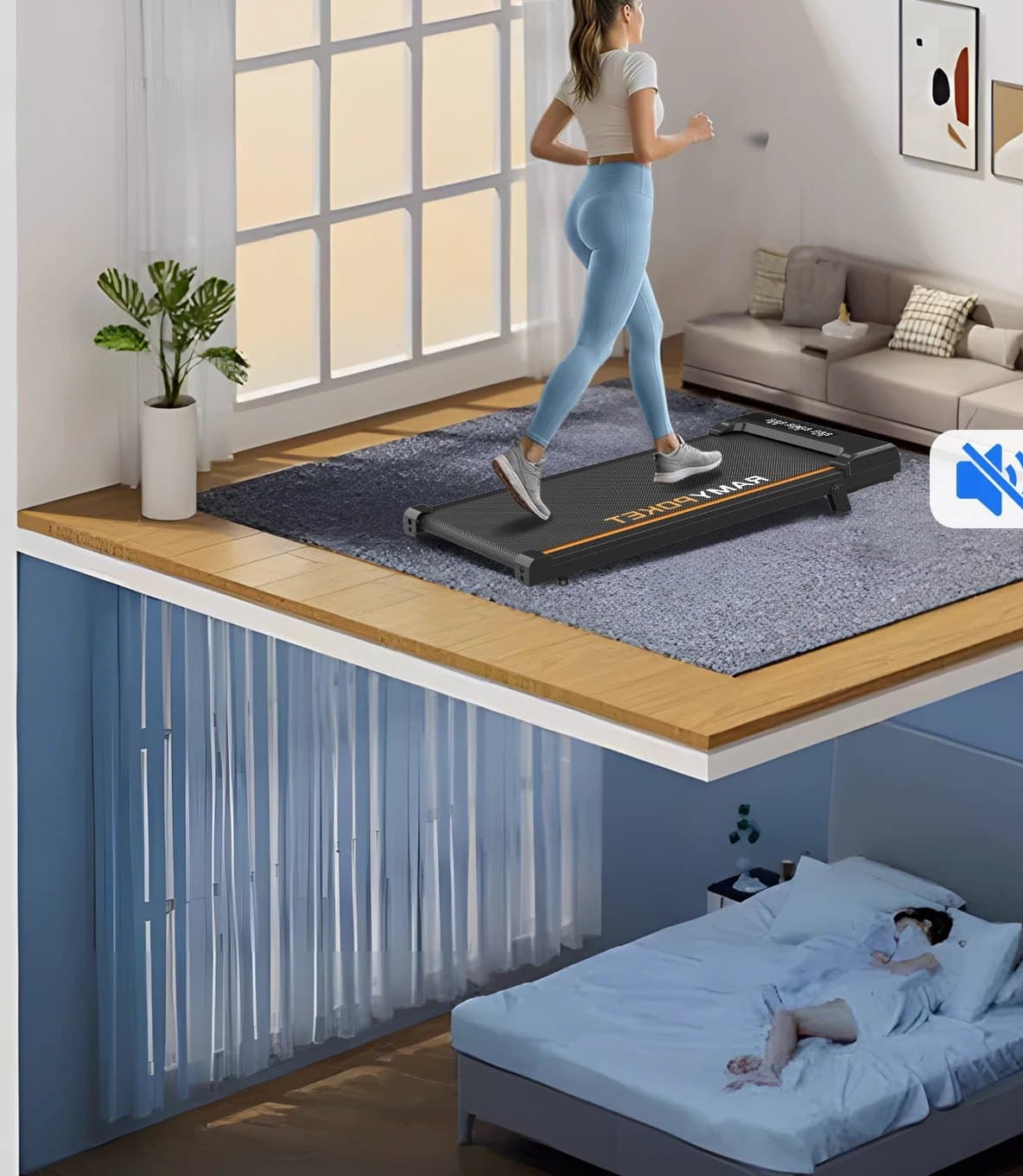 Vue en coupe d'un appartement : la marche sur le tapis reste sous 45 dB, le voisin du dessous dort